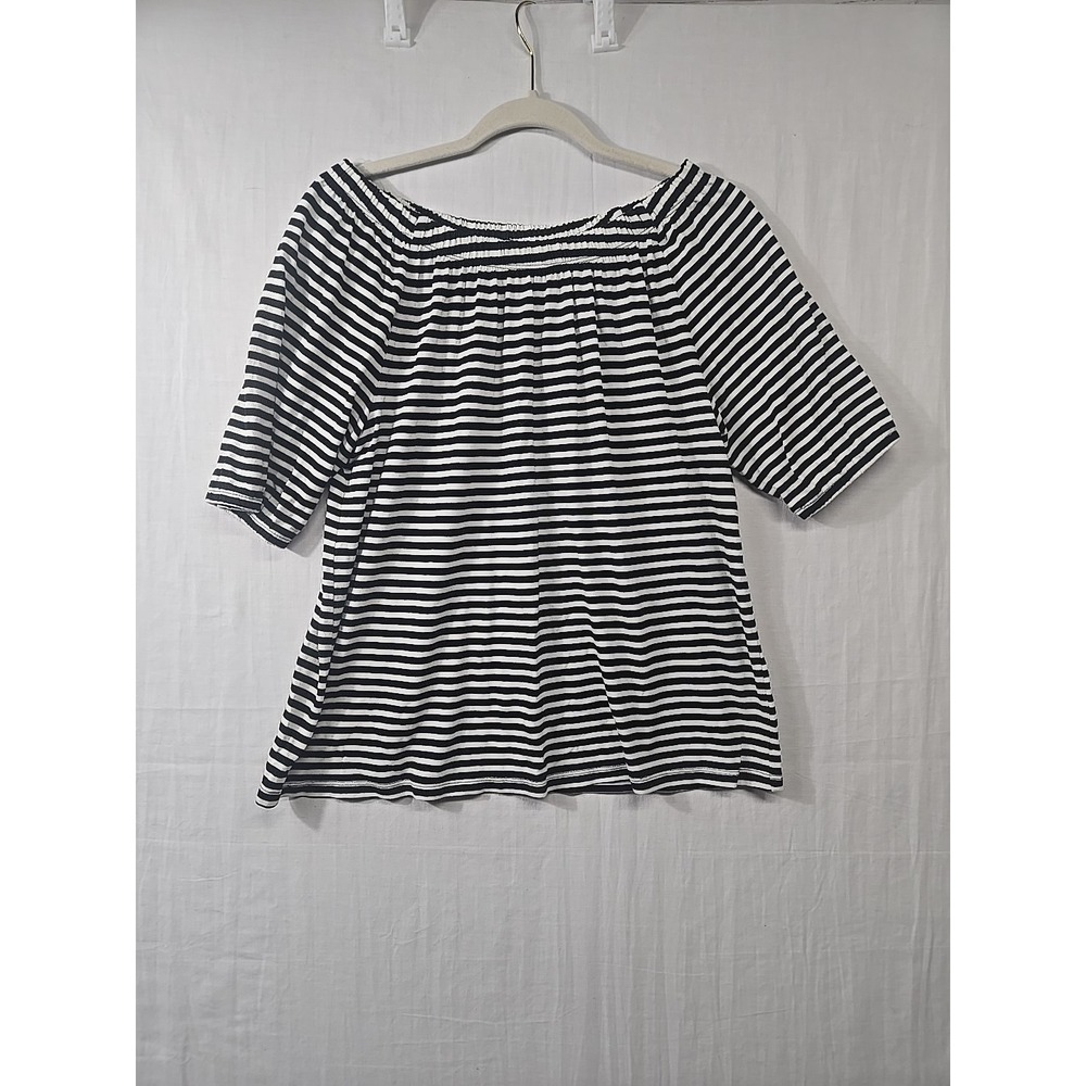 Talbots Women's M Black White Stripe Blouse Short Sleeves Gathered Neckline‎